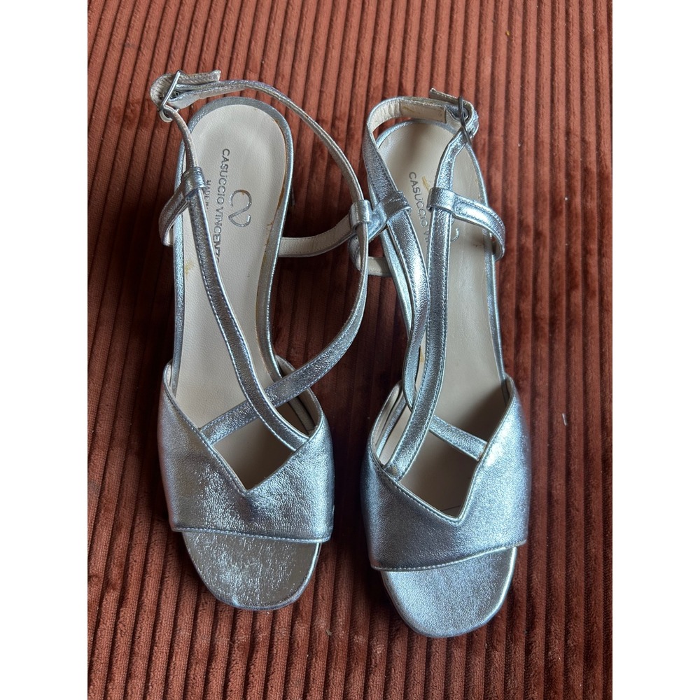 Casuccio Vincenzo Silver Metallic Leather Woven Block Heel Size 37 US 7 Italian